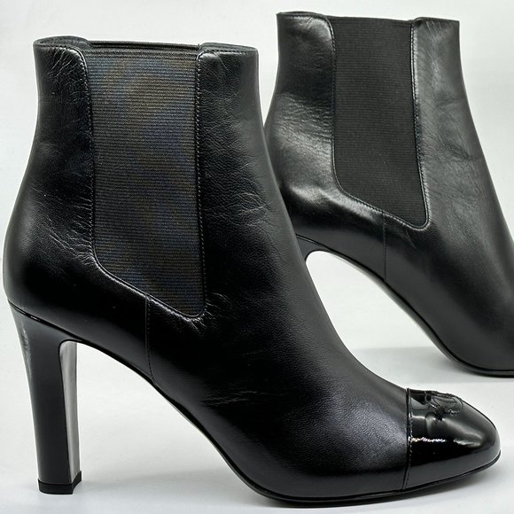 CHANEL 21B Leather Patent Cap Toe CC Ankle Boots Booties Heels - Picture 11 of 16